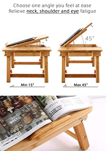 Laptop Desk Nnewvante Table Adjustable Bamboo Foldable Breakfast Serving Bed Tray w' Tilting Top Drawer 6