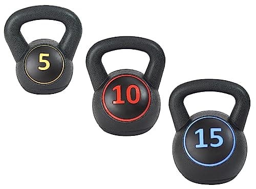 Fitvids Wide Grip Kettlebell Exercise Fitness Weight Set – Includes 5 lbs – 30LB Set of 3: 5/10/15LB – Black