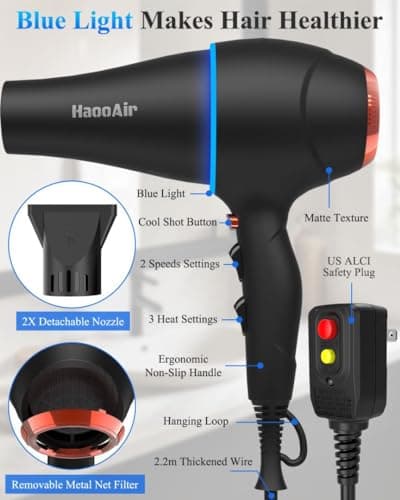 Hair Dryer with Diffuser, Professional Ionic Hair Dryer with Blue Light AC Motor, 2000W Fast Drying Hair Blow Dryer (Black with 2*Nozzle) 8
