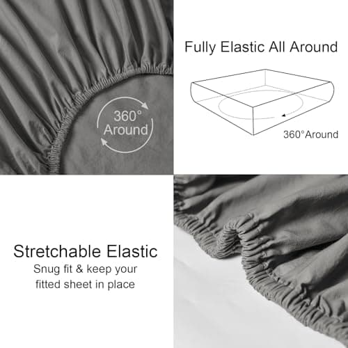 PHF 100% Garment Washed Cotton Fitted Sheet Full Size - Cozy Cloud Soft Linen Like Bottom Sheet Only with Elastic Deep Pockets, Easy Fit Breathable Warm not Shrink,54"x 75",Dark Grey, No Pillowcase 5