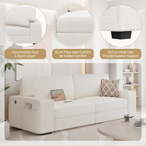 Yaheetech 83.5" W Modern Sofa Couch Corduroy Fabric Sofa with Detachable Cover, USB Charging Ports & Side Storage Pockets for Living Room Apartment, Ivory 5