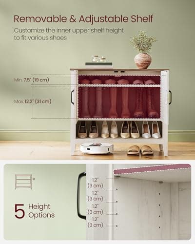 VASAGLE LIRY Collection - Shoe Cabinet, 3-Tier Storage Organizer, Shoe Shelf, Farmhouse Freestanding Cabinet, Height-Adjustable Shelf, 13.8 x 31.5 x 27.6 Inches, Rustic White ULBC038W01 5