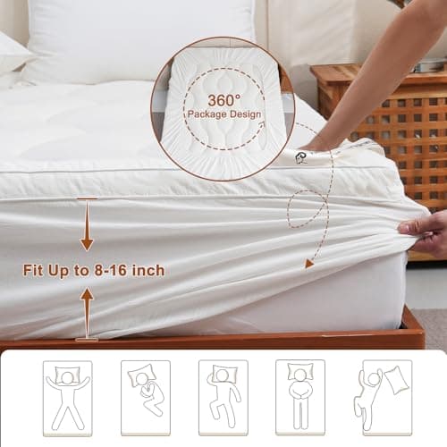 YOUR MOON 100% Organic Wool Mattress Topper Queen – 2 Inch Thick Pillow Top Mattress Pad, 700GSM Natural Wool Filling, Back Pain Relief Bed Topper with Cotton Cover-16'' Depth, 60"x80" (Striped White) 6