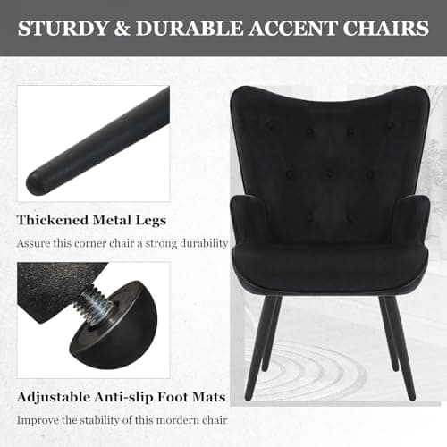 Furnimart Black Velvet Accent Chair Mid Century Modern Living Room Chairs; Comfy Armchair Leisure Vanity Guest Wingback Chair for Office Study Vanity Bedroom Waiting Room 7