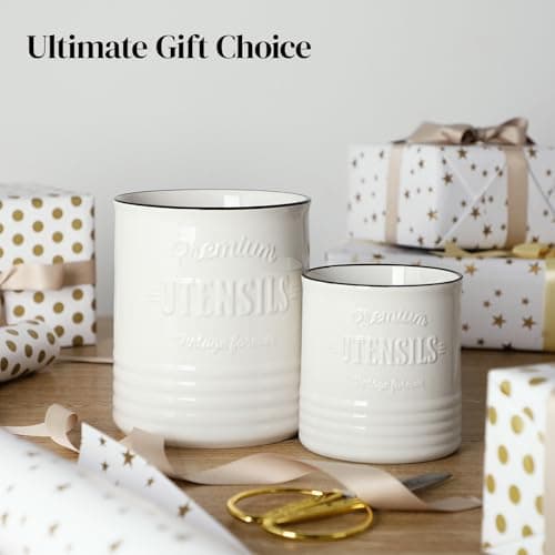 DOWAN 7.2″ Extra Large Kitchen Utensil Holder, Farmhouse Utensil Holder for Countertop, Ceramic Utensil Crock with Protection Cork Mat, Utensil Organizer for Kitchen Decor & Housewarming Gift, White 8