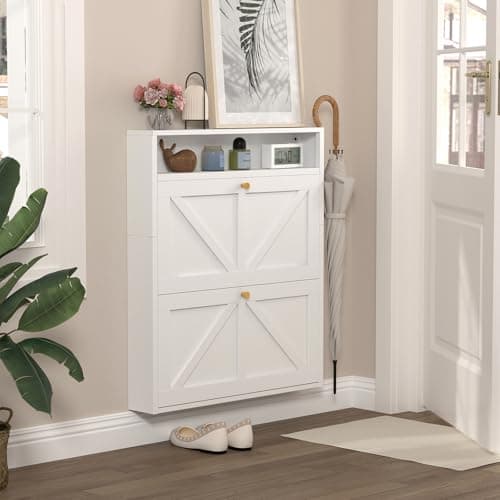 STEELIST Metal Shoe Cabinet with 2 Flip Drawers, White Freestanding Shoe Cabinet Organizer with Open Storage, Slim Narrow Shoe Organizer Cabinet for Entryway, Slim Entryway Storage Solution 3