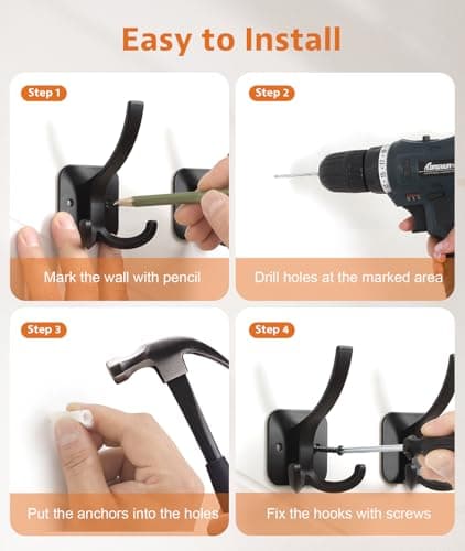 Optish Black Coat Hooks Wall Mount, Wall Hooks for Hanging Heavy Duty, Backpack Hooks for Wall, Metal Towel Hooks for Hat Coat Towel (6Pack, Black) 7