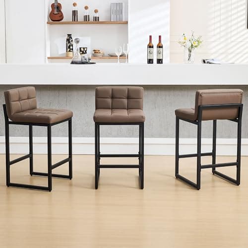 FIRAVOE Bar Stools Set of 3, Upholstered PU Leather Counter Height Barstools with Low Back and Thickened Metal Legs, Modern Chairs for Kitchen Island, Bar (Coffee Brown, 3Pcs 26" Counter Stools)