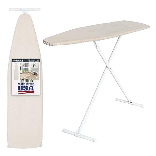 Full Size Ironing Board with Cover & Pad – Made in USA by Seymour Home Products Adjustable Steel T-Legs, 35" High Perforated Top for Steam Durable Iron Board for Home, Laundry Room (Beige)