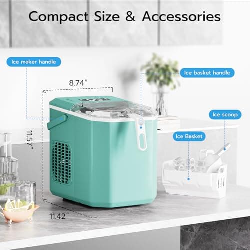 ZAFRO Countertop Ice Maker, 26.5Lbs/24H, 9 Bullet Cubes in 6 Mins, Self-Cleaning Portable Ice Machine with 2 Ice Sizes (S/L), Quiet Compact Design, Double Handles, for Home, Party, RV, Camping, Green 7