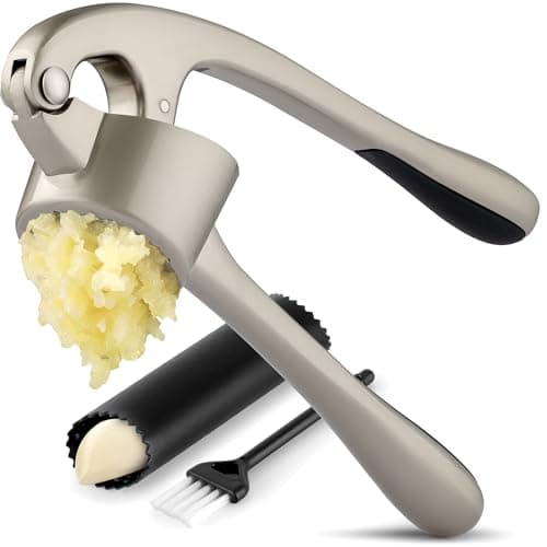 Zulay Kitchen Large Premium Garlic Press Set - Bigger Bowl for Bigger Garlic - Rust Proof Garlic Mincer Tool - Easy-Squeeze, Easy-Clean Silicone Garlic Peeler & Brush (Silver)