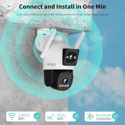 Alaga Outdoor Security Camera,Black Light Full Color Night Vision,F1.0 Dual Lens,AI Motion Detection,5G and 2.4G WiFi,Weatherproof,Two Way Audio,360° Detailed Coverage,Cloud and Local Storage 7