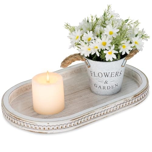 Hanobe Decorative Trays for Coffee Table : White Oval Centerpiece Tray Wood for Farmhouse Entry Table Decor Round Bathroom Tray for Living Room Kitchen Counter