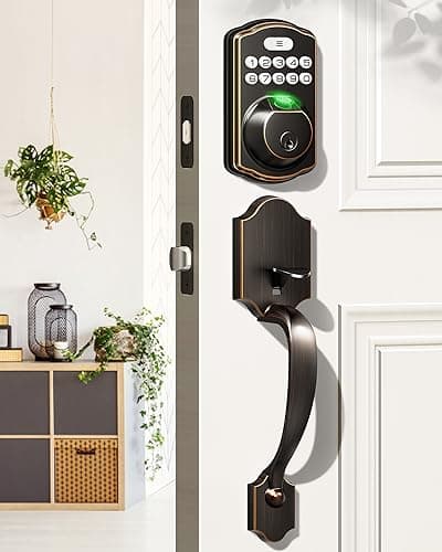 Veise Fingerprint Door Lock Set, Keyless Entry Door Lock, Front Handle Set, Electronic Keypad Deadbolt with Lever Handle, 2 Keys, Auto-Locking, One-time Codes, Easy to Install, Oil Rubbed Bronze