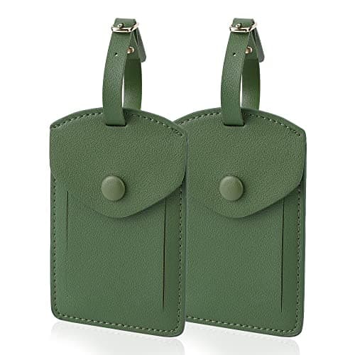 Kevancho Leather Luggage Tags for Men Women, Suitcase Labels Baggage Bag Tag ID Tags with Full Back Privacy Cover for Cruise Ships, Travel Accessories Tags Set of 2 PCS (Green)