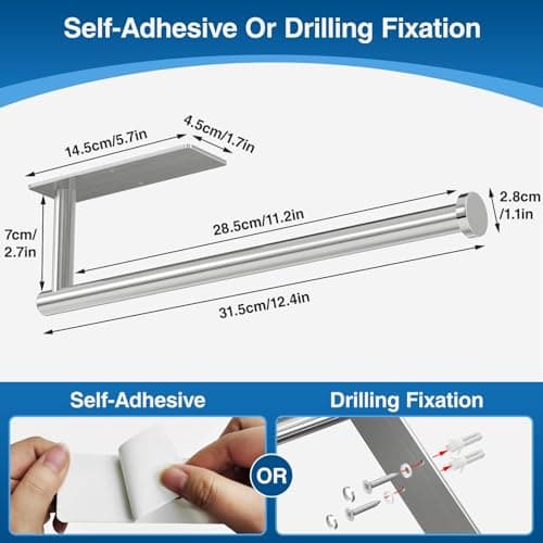 Paper Towel Holder - Self-Adhesive or Drilling, Brushed Nickel, Wall Mounted, SUS304 Stainless Steel Kitchen Roll Dispenser Under Cabinet 5