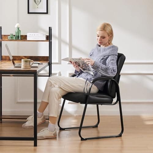 Sweetcrispy Waiting Room Chairs, Leather Stationary Office Guest Chair No Wheels, Comfy Padded Arms and Seld Base, for Reception Area Conference Room Lobby Home Computer Desk Bedroom Elderly, Black 7