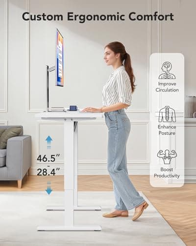 HUANUO Electric Small Standing Desk, 35" x 24" Whole Piece Desktop, Adjustable Height Computer Desk, 4 Height Memory Settings, Sit Stand Up Desk for Home Office, White 9