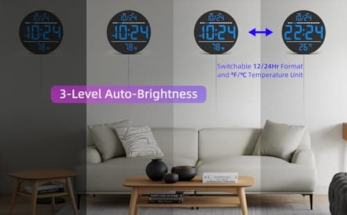 Digital Wall Clock with Large LED Display, Date, Temperature, Auto-Brightness | Small [PLUG-IN] Clock | Modern Electric Wall Clock for Bedroom, Classroom, Living Room, Home, Office, Farmhouse - Blue 5
