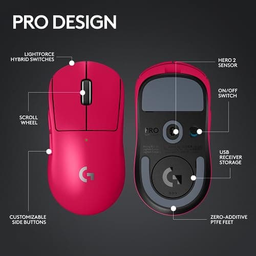 Logitech G PRO X Superlight 2 Lightspeed Wireless Gaming Mouse, Lightweight, LIGHTFORCE Hybrid Switches, Hero 2 Sensor, 32,000 DPI, 5 Programmable Buttons, USB-C Charging, PC & Mac - Magenta 7