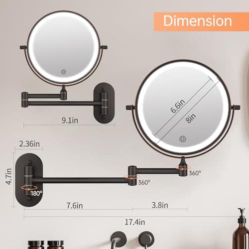 5000mAh Rechargeable Wall Mounted Lighted Makeup Vanity Mirror Double Sided 1X 30X Magnifying Bathroom Mirror, 3 Color Lighting, Touch Dimming, Extended Arm 360 Rotation Light up Mirror Antique Bronze 5