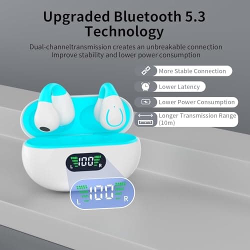 Open Ear Clip On Earbuds Wireless Bluetooth 5.3 Headphones with LED Digital Display Charging Case Button Control Bone Conduction Sport Earphones Built-in Mic IPX7 Waterproof for Running Fitness,Blue 5