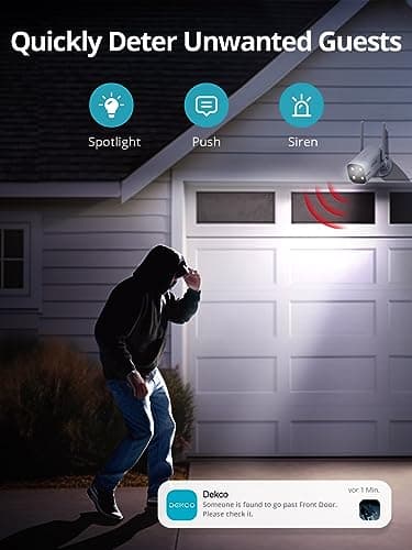 DEKCO 2 Pack Outdoor Security Camera with 2K Color Night Vision, Pan Rotating 180° Wired WiFi Camera Support 24/7 Recording, 2.4GHz WiFi, AI Human Auto Tracking, Work with Alexa/Google Assistant 6