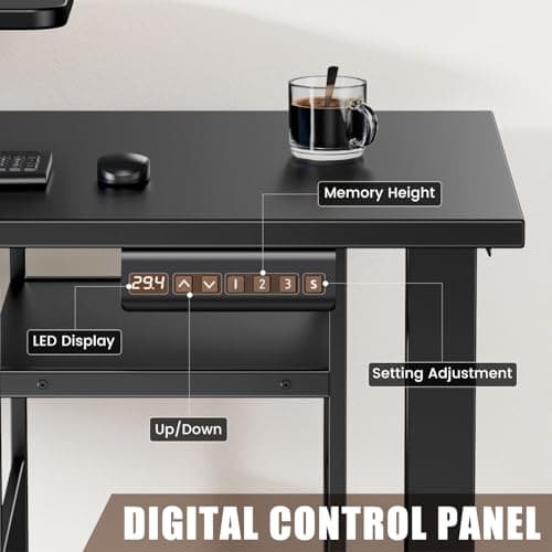 Flycity Electric L Shaped Standing Desk Adjustable Height, 67" x 47" Corner Computer Desk with Host Shelf, Gaming Desk with LED Lights & Power Outlet, Dual Motor Home Office Desk with Storage, Black 7