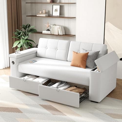 Maupvit Modern Sofa, 74 inch Couch, 2 Seat Couches with 2 Drawers, 2 Flip-up Storage, Cup Holders & USB Charging Ports, Deep Seat Sofa Couch for Living Room Apartment, White