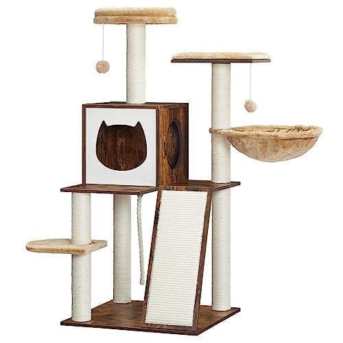 HOOBRO Cat Tree for Indoor Cats, 44 Inches Cat Tower Wooden, Modern Cat Condo with Cat Scratching Posts, Multi-Level Cat Play House with Cat Hammock, 2 Top Perches, Toy Balls, Rustic Brown FG55CT03
