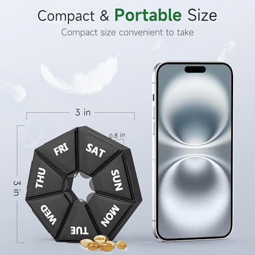 Gelibo,Weekly Pill Organizer, 2 Pack Portable Travel Pill Box Dispenser Medicine case 6 Colors (Seven Day) New Edition for Vitamin/Fish Oil/Pills/Supplements-Arthritis Friendly (Black) 5