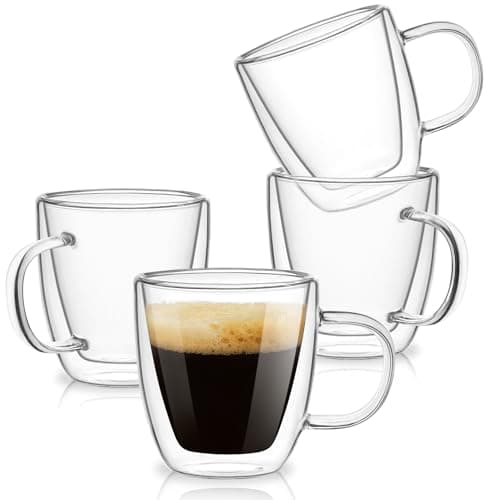 Espresso Cups Set of 4, Double Wall Hand Blown 5.5OZ Espresso Shots Glass, Coffee Mugs with Handle Perfect for Cappuccino, Latte, Tea