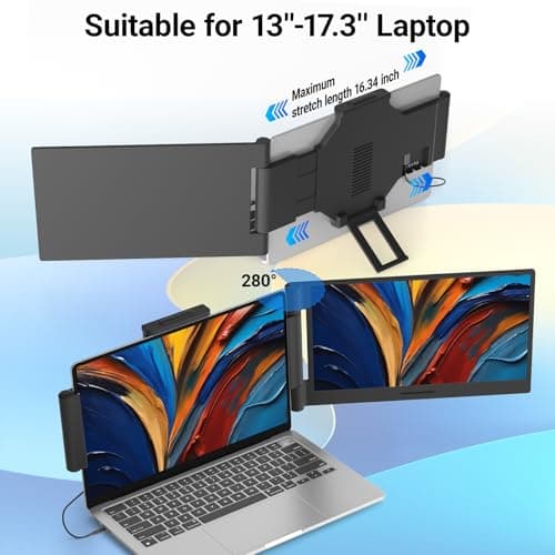 Laptop Screen Extender 14 inch Laptop Monitor Extender 1080P IPS, 280° Rotation Portable Monitor for Laptops 13-17.3" with USB-C DP/HDMI Port, Plug-Play Dual Screen for Windows/Mac/Chrome/Android 4