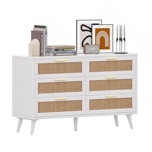 Rovaurx 6 Drawer Double Dresser for Bedroom, Rattan Chest of Dressers, Modern Wooden Dresser Chest with Golden Handles, Beside Table for Closet, Living Room and Entryway, White and Natural 8