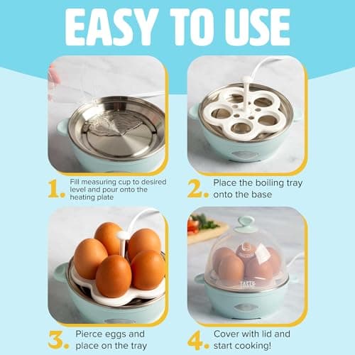 Tasty Mini Rapid Egg Cooker, 5-Egg Capacity for Perfect Hard Boiled Eggs or Omelets, Auto Shut Off, Aqua 6