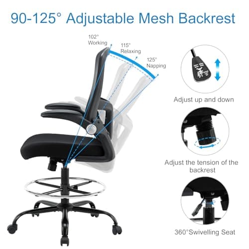 Drafting Chair,Tall Office Chair, Ergonomic Standing Desk Chair with Flip-up Armrests,Mid-Back Counter Height Computer Task Chair with Lumbar Support and Adjustable Footrest Ring,Black 8