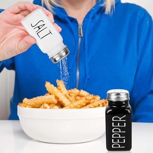2 Pack Salt and Pepper Shakers Set, Glass Shaker with Stainless Steel Lid, Modern and Cute Farmhouse (Black and White) 6