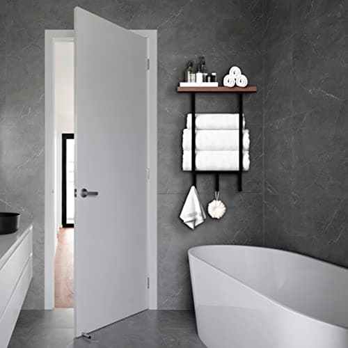 ZUJJAFY Wall Mounted Towel Racks with Wooden Shelf & 3 Hooks, Towel Holder for Small Bathroom Wall Decor, Bath Towel Storage for Rolled Towels Organizer, Matte Black 7