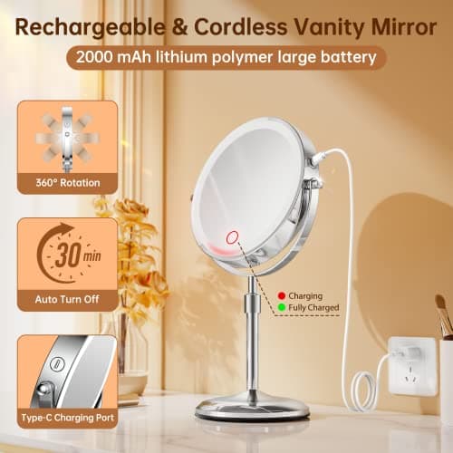 Gospire 7" Lighted Makeup Mirror with Magnification 10X/1X, Height Adjustable & 3 Color Dimmable Lights, 360° Swivel Double Sided Light up Rechargeable LED Cosmetic Vanity Cordless Standing Mirror 5