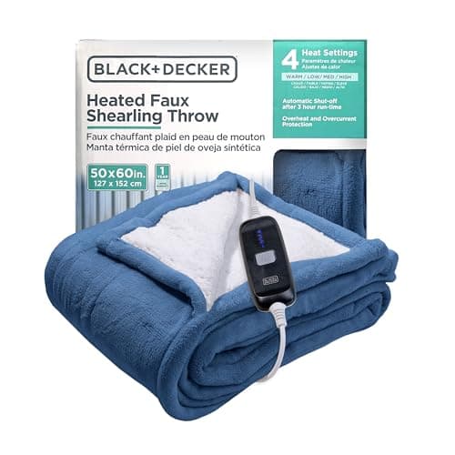BLACK+DECKER Heated Blanket Electric Throw, Faux Shearling Electric Blanket, Heating Blanket with 4 Heating Levels, 3H Timer, Auto Shutoff, Fast Heating (50x60 inches, Navy)
