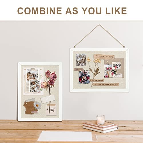 AMUSIGHT 2-Pack Double-Sided Cork Board with Linen, 16" x 12" Hanging Wood Framed Bulletin Board, Picture Display Vision Board Kit Corkboards for Wall School Office Decor, 20 Pushpins (Vintage White) 6