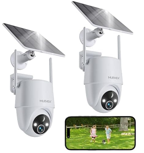 MUBVIEW 2K Solar Security Cameras Wireless Outdoor, 360° PTZ Battery Powered Outdoor Camera, 2.4Ghz WiFi Home Security Camera, Color Night Vision, Motion Detection, 2-Way Audio, 2-Pack
