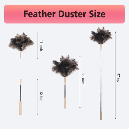Extendable Ostrich Feather Duster, Natural Ostrich Feathers Long Handle Duster for Cleaning, 47” Soft & Fluffy Feather Duster for High Ceilings, Fans, Walls, Furniture, Home Dusting 5