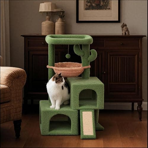 AIWIKIDE 37.4" Cactus Cat Tree Tower with Twin Cat Condos for Indoor Cats, All-in-One Activity Center with Cat Scratching Post Cozy Sleeping Perch Hammock and Toy Balls,Green … 6