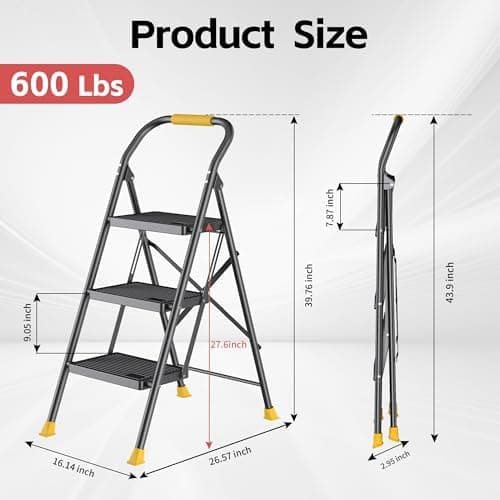 Step Ladder Foldable Folding Stool - for Home Adults Kitchen 3 Stepping Extension Tall Heavy Duty with Handrails - Closet Stepstool Stair Ladders Extendable Stepladder for Indoor House 600Lbs 7