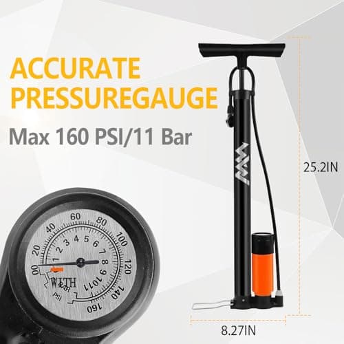 WWJ Bike Floor Pump with Gauge, Manual Hand Air Pump for Bicycle,Fits Schrader and Presta Valve Types, Portable Tire Pump Moutain Road Bikes, Car, Sport Ball High Pressure 160PSI 5