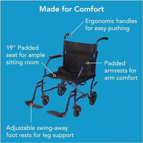 Carex Transport Wheelchair with Cushion, 19 inch Seat - Folding Transport Chair with Foot Rests 9
