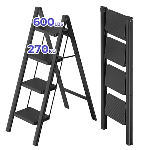 JOISCOPE 4 Step Ladder,Lightweight Folding Step Stool with Anti-Slip Pedal,600 lbs Portable Sturdy Steel Ladder for Adults,Multi Purpose Folding Ladder for Home Kitchen Office,Space Saving,Black