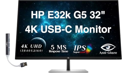 HP E32k G5 32" 4K USB-C Monitor with 5ms Response Time, Anti Glare, Flicker Free, VESA Mount (100mm), Displayport, HDMI & Dockztorm USB Port Expander, Black/Silver Color (6N4D6AA#ABA)
