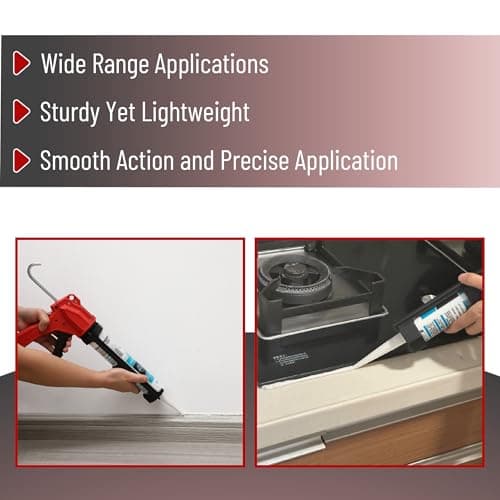 Bates- Caulking Gun Tool, 10:1 Thrust Ratio, Black & Red, 360° Rotating Plastic Barrel, Caulk Gun with Spout Cutter, Seal Puncture Tool, Built-in Scraper and Finishing Tool 6